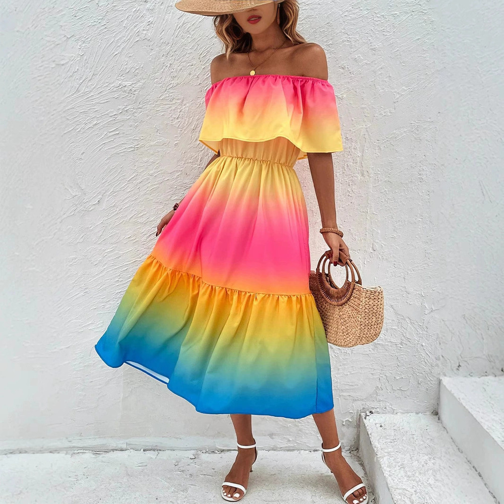ZARA Sexy Rainbow Ruffle Off Shoulder Shirred A Line Mini Dress